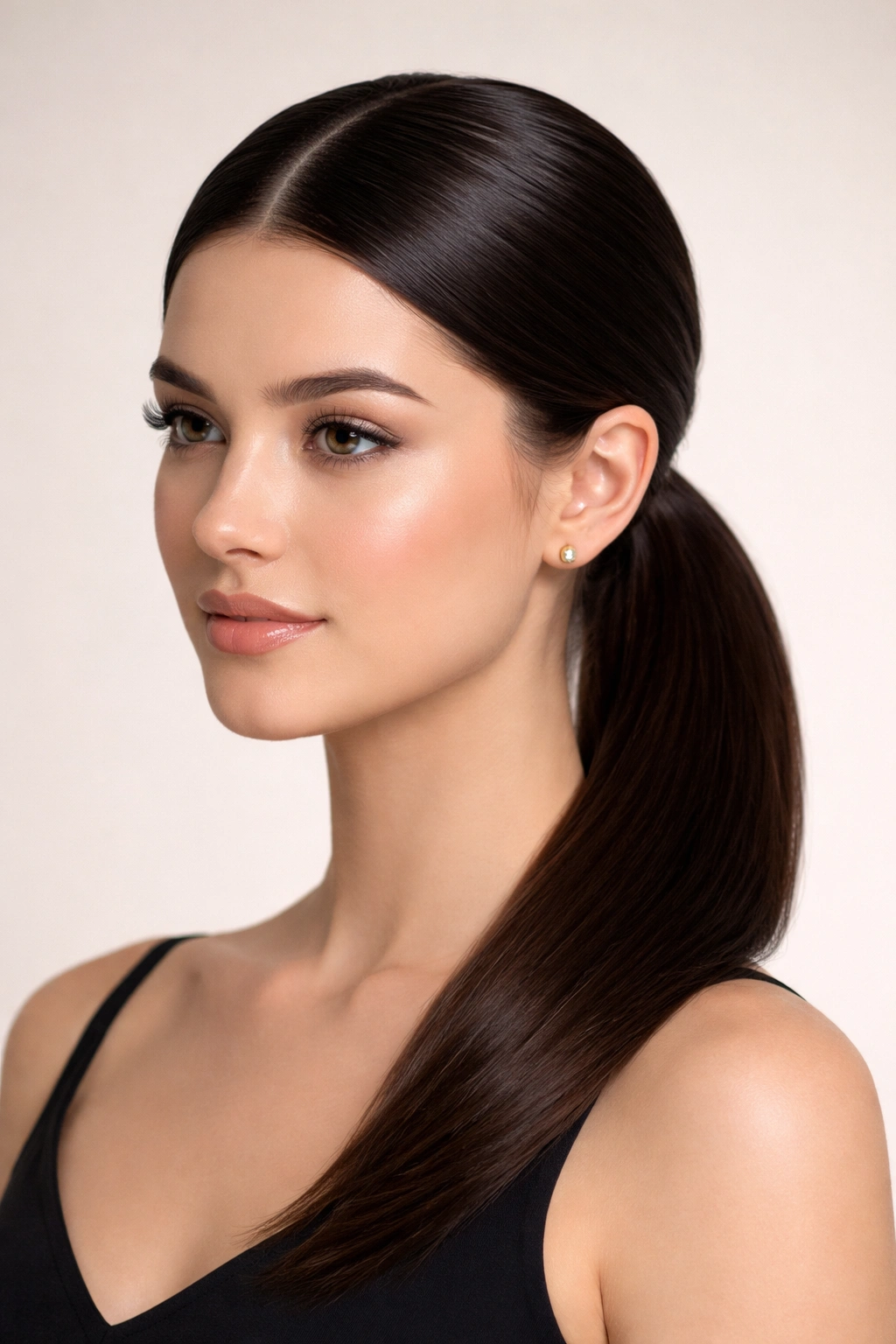 Sleek middle-part hairstyle with low ponytail