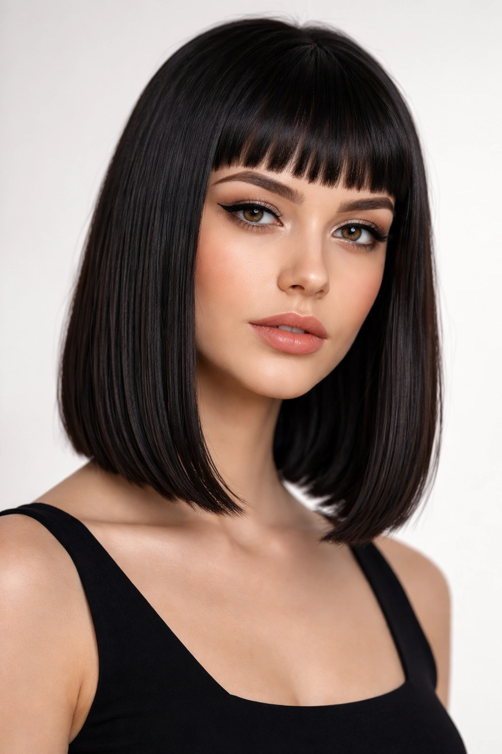 Sleek shoulder-length midi with micro bangs and glossy finish
