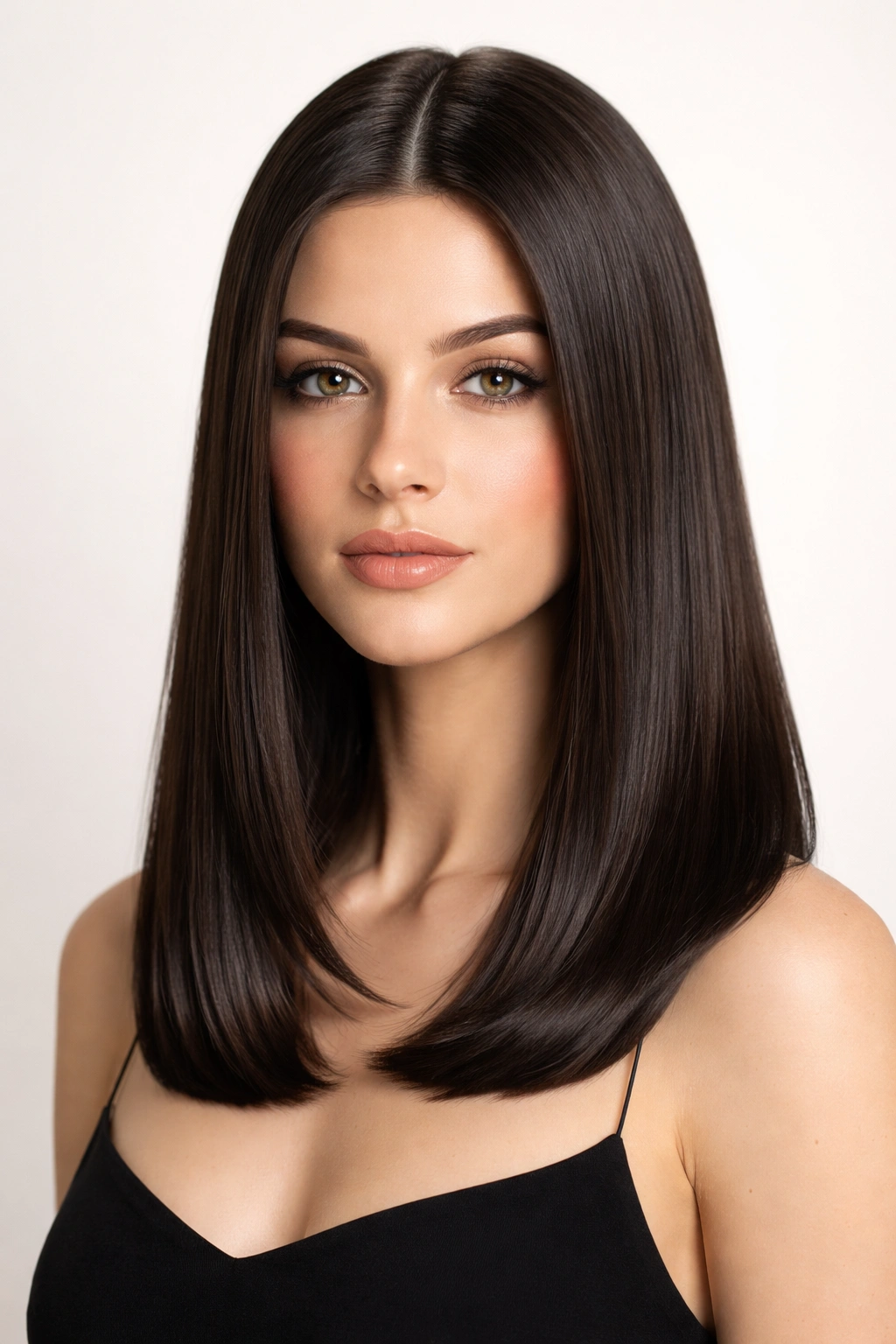 Portrait of a person with a sleek mid-length cut, straight hair, glossy finish