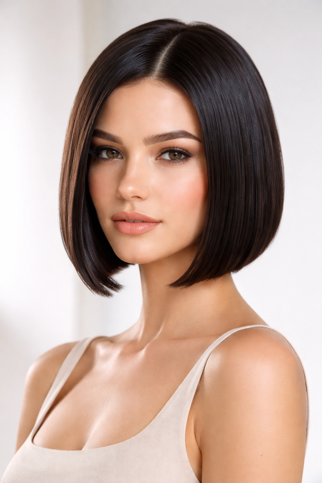 Sleek modern blunt bob with glossy finish.