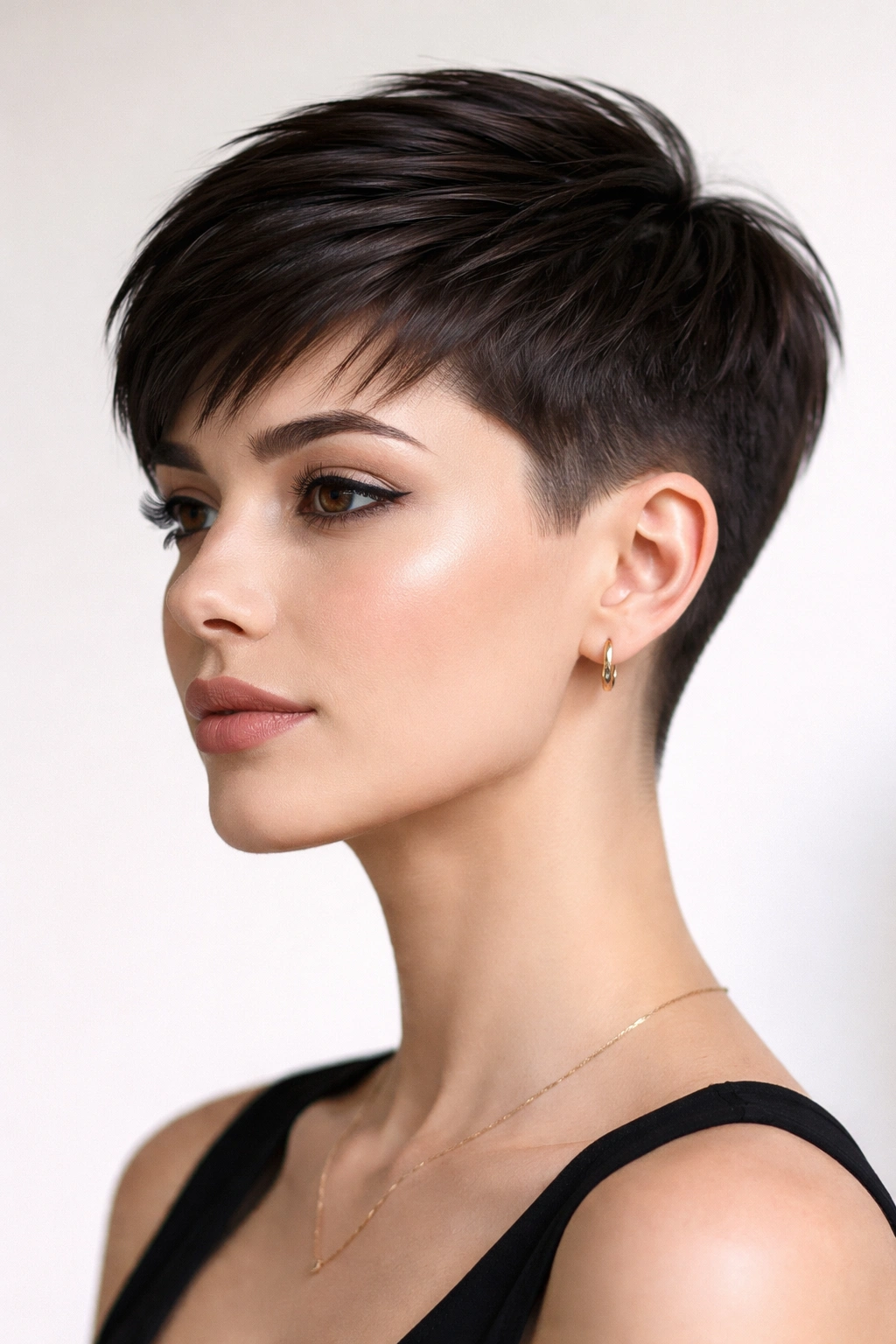 Sleek modern pixie with precise layers and sharp fade