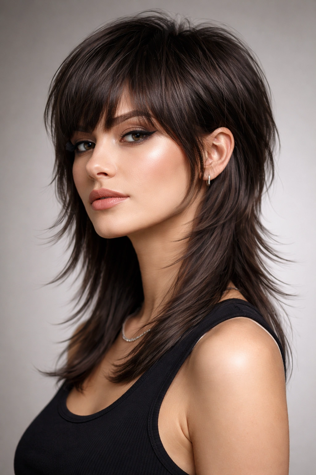 Sleek modern wolf cut with smooth lines and polished silhouette.