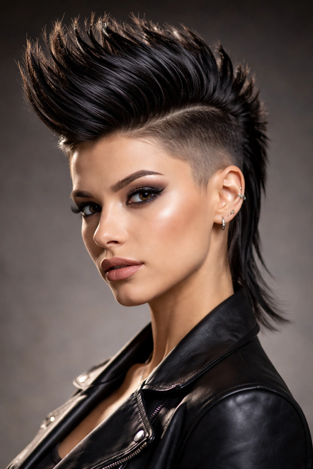 Sleek Mohawk hairstyle with shaved sides.