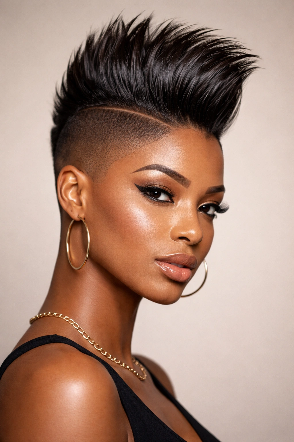 Close-up portrait of a Black woman with a sleek mohawk and shaved sides