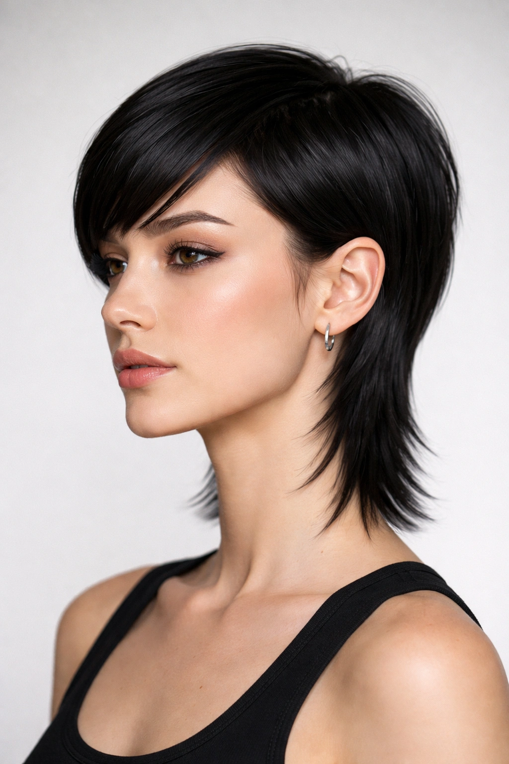 Sleek mullet-pixie blend with blunt, precise lines