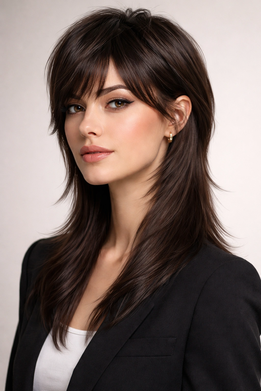 Close-up portrait of a person with a sleek mullet shag showing smooth front and long back