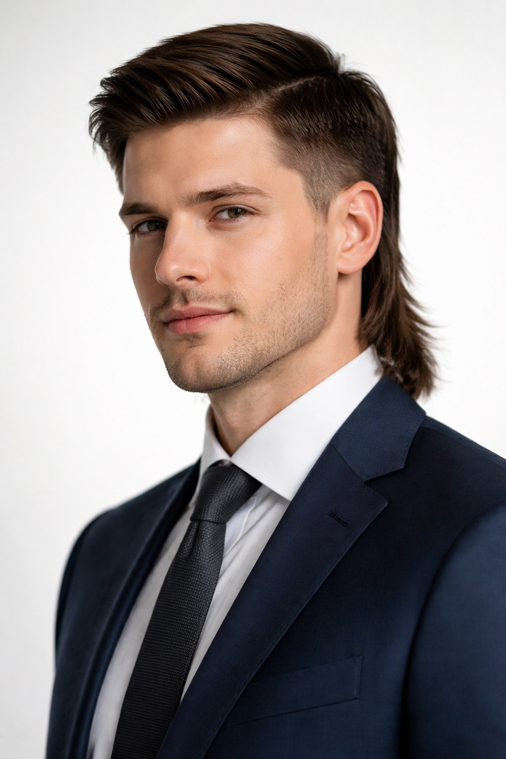 Portrait of a person with a sleek business mullet showing short front and sides and a longer smooth back