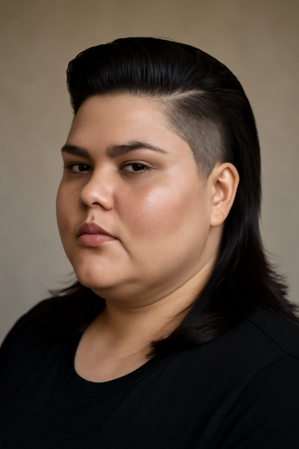 10 Flattering Mullet Haircuts for Plus Size Women 9 Portrait of a plus-size woman with a sleek mullet and undercut showcasing bold contrast