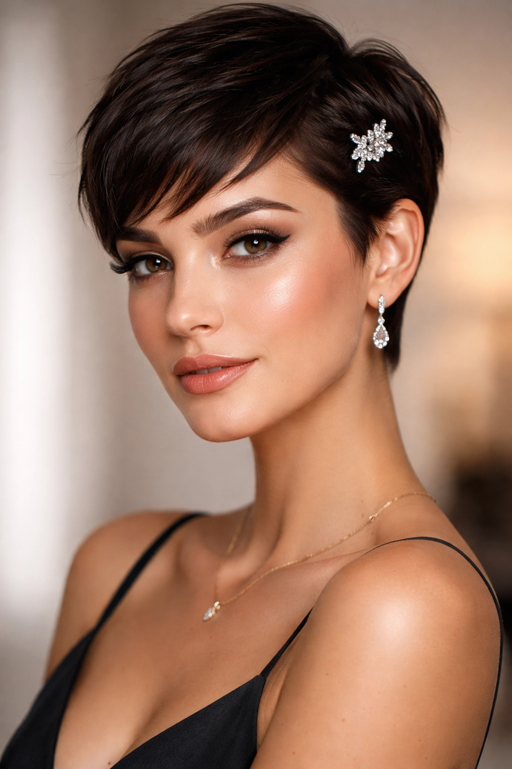 Sleek pixie cut with a small decorative hair accessory