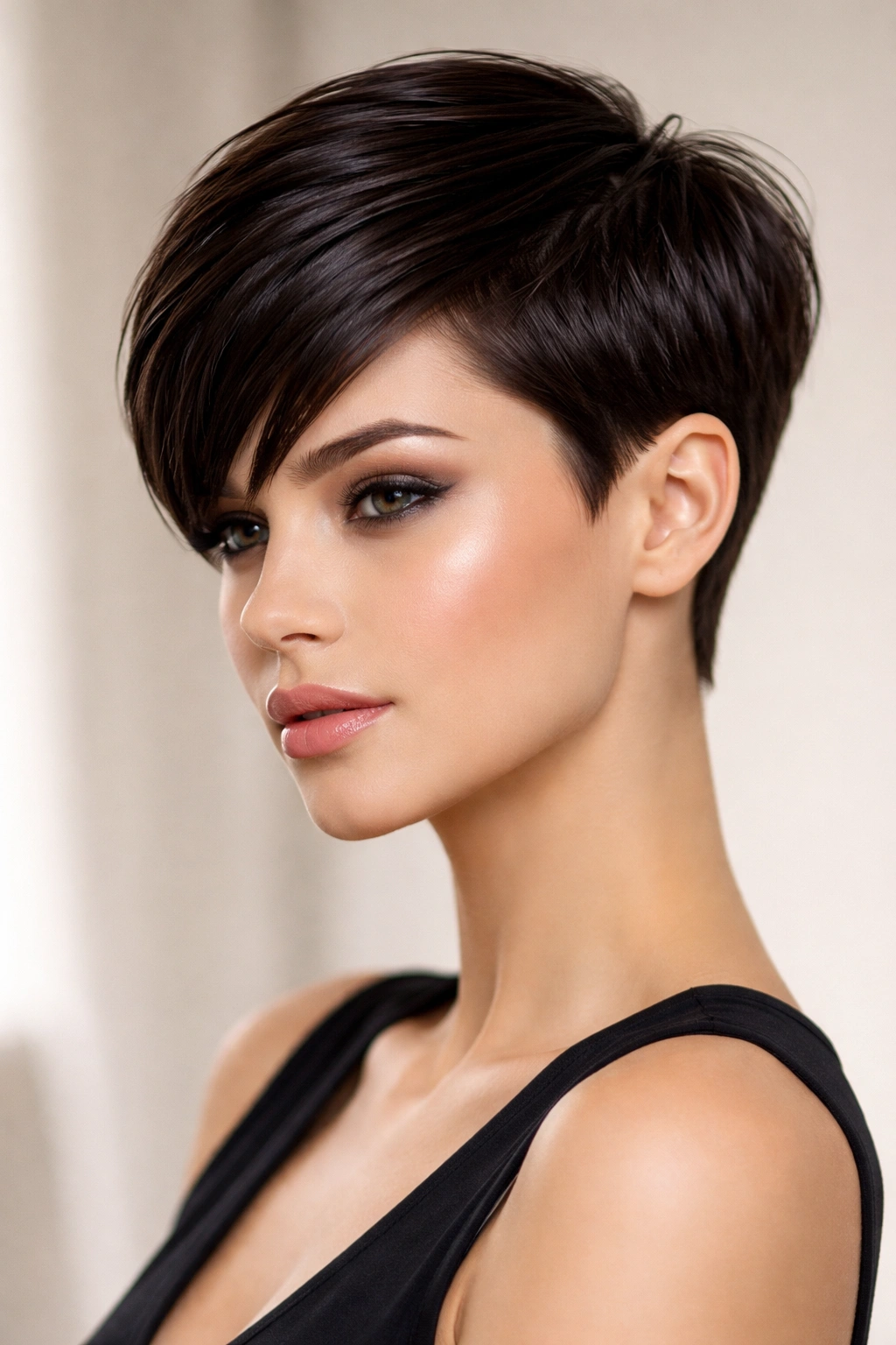 10 Short Haircuts That Work With A Small Forehead 10 Sleek pixie cut with angled top and glossy finish