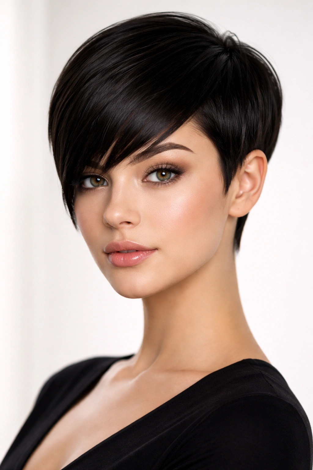Portrait of a sleek pixie with angled bangs highlighting sharp geometric lines