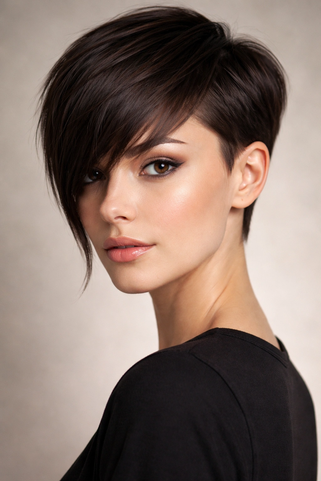 Sleek pixie cut with long bangs reaching the cheekbones