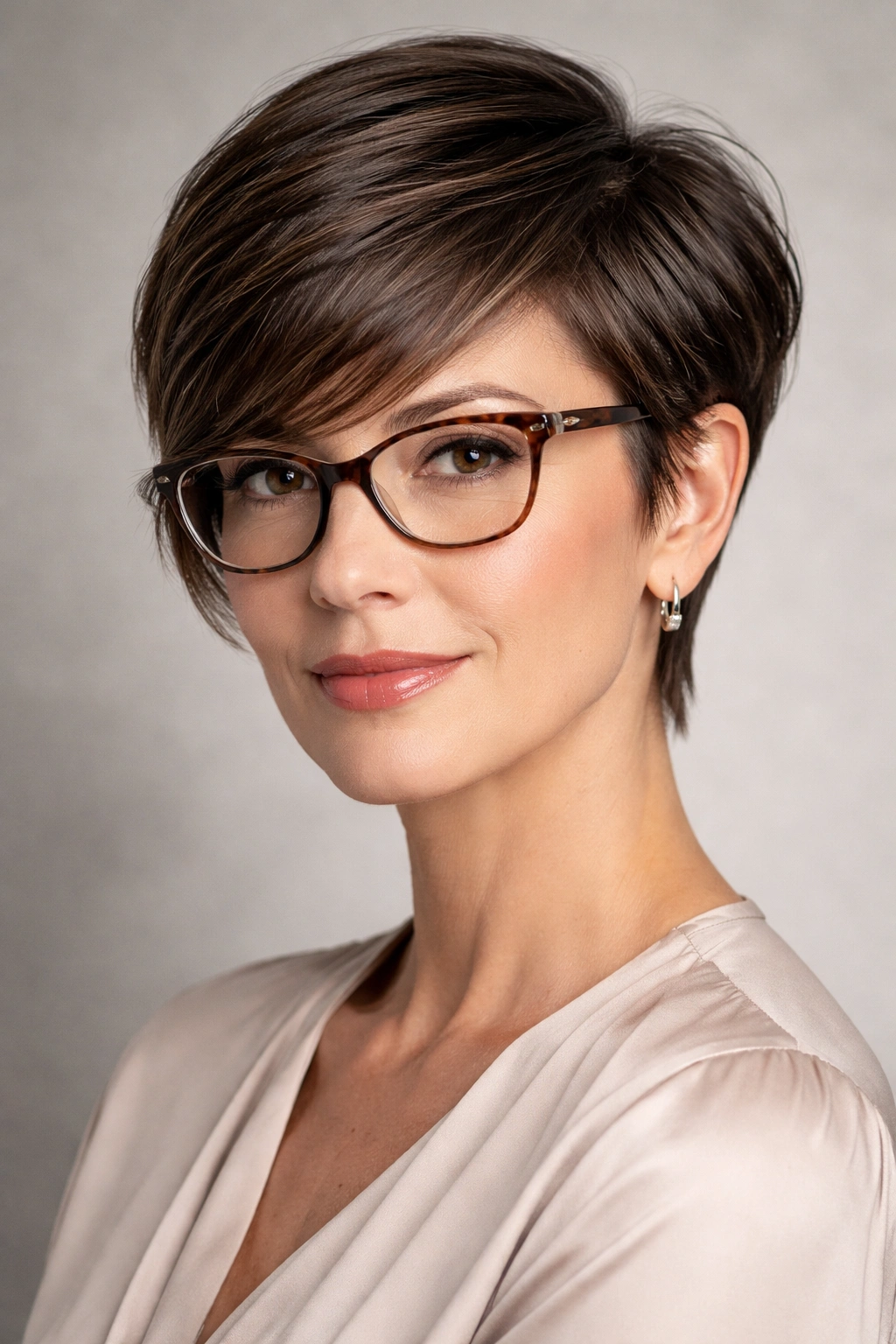 Portrait of a woman with a sleek long pixie with bangs and glasses in studio lighting