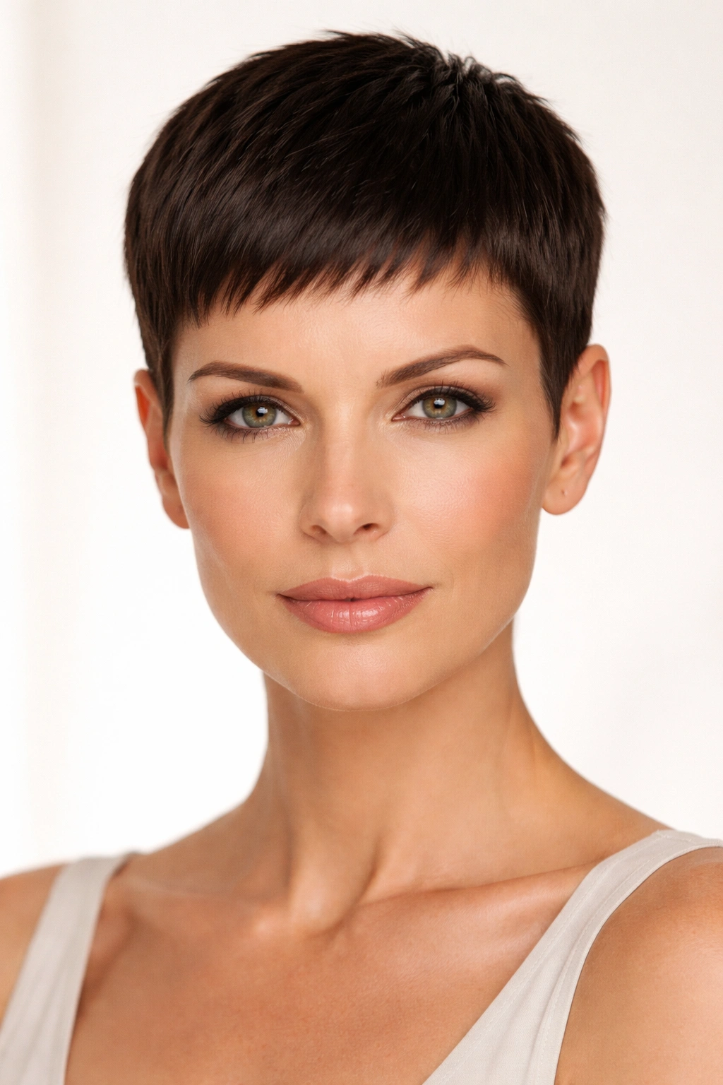 12 Pixie Cuts That Look Stunning In Your 40s 3 Frontal portrait of a person with a sleek, short pixie cut and clean edges.