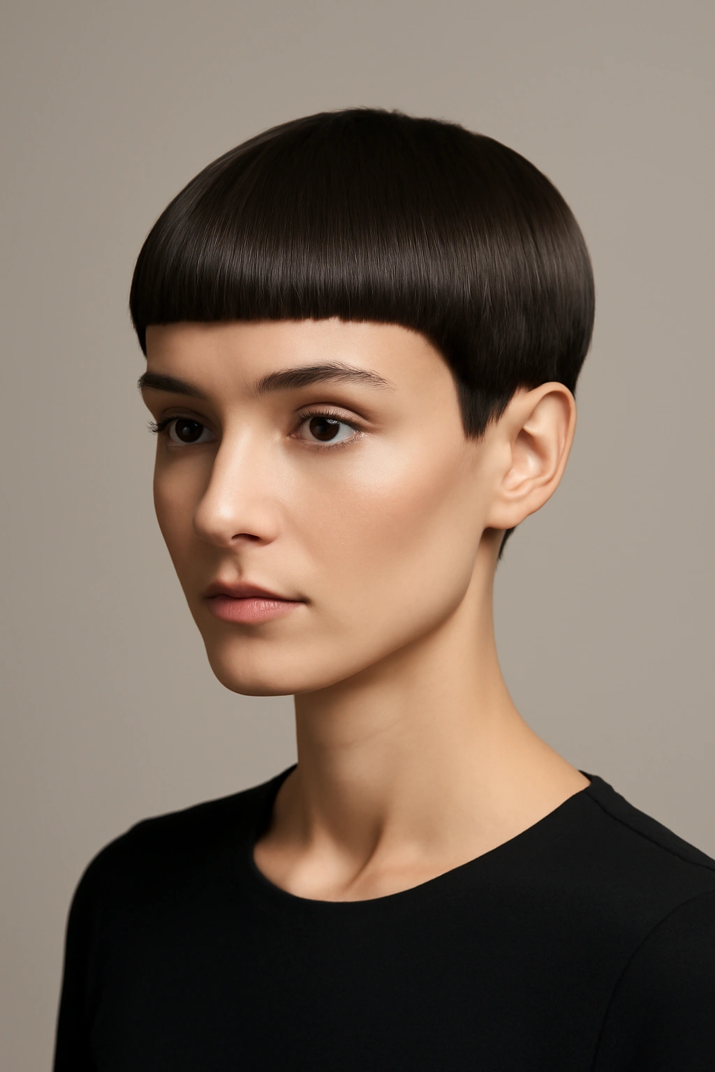 Portrait of sleek pixie with blunt geometric bangs and sharp lines.