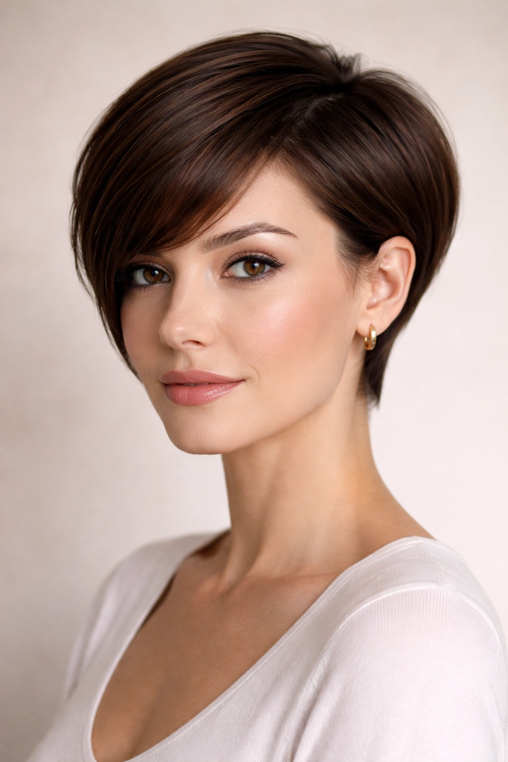 Close-up of a sleek pixie bob hairstyle with a longer front section framing the face