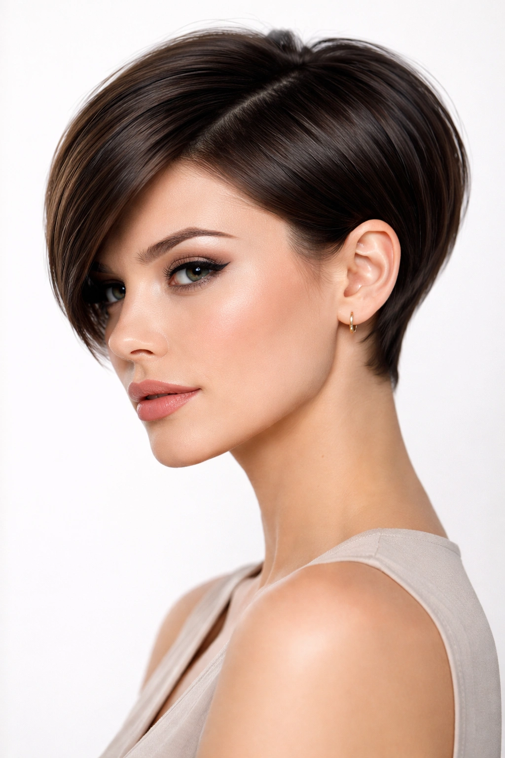 Sleek pixie bob with smooth, shiny hair and defined silhouette