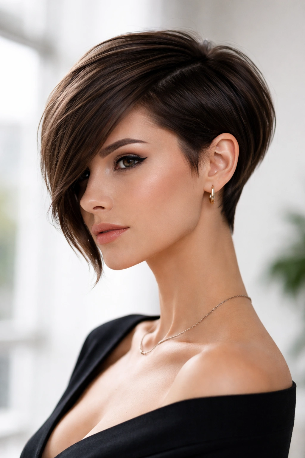 10 Uneven Bob Haircuts For An Edgy Statement 4 Model with a sleek pixie-bob hybrid, shorter side tucked behind the ear and longer opposite side.