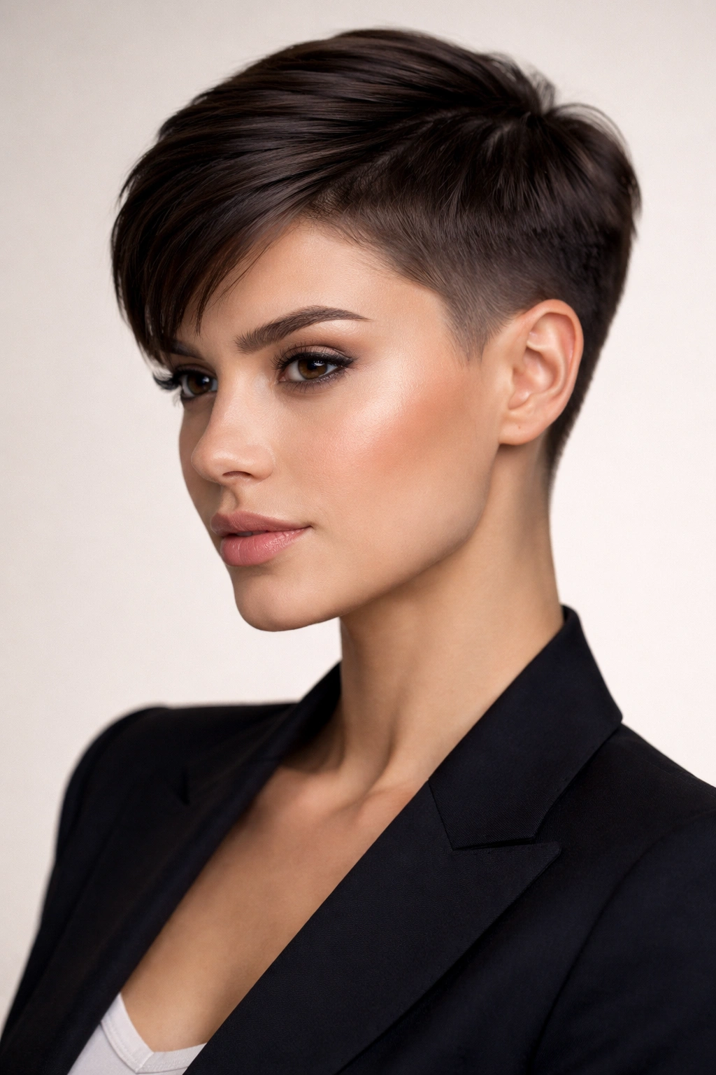 10 Shaved Pixie Styles That Look Incredibly Sharp 9 Close-up of a sleek polished pixie crop with clean lines and shaved sides