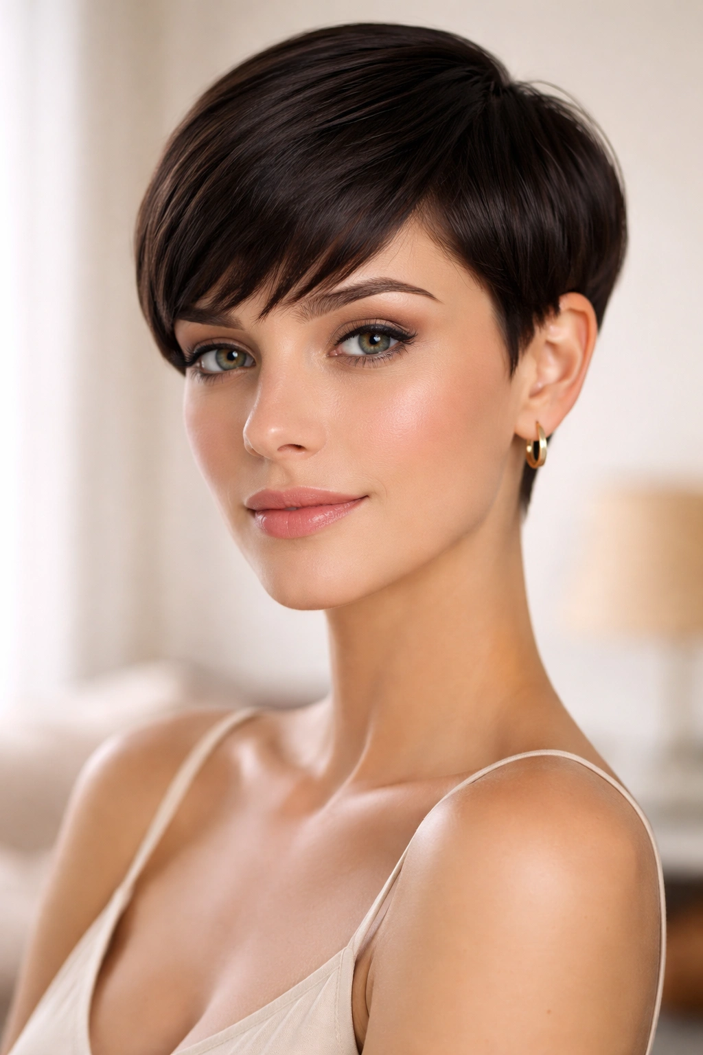 12 Short Pixie Cuts For Truly Low Maintenance 10 Front-facing shot of sleek pixie cut with blunt edges