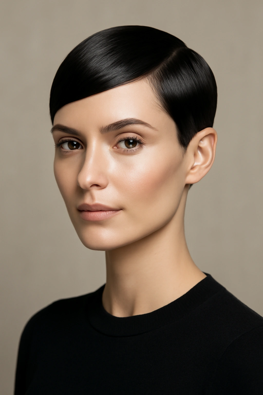 Close-up portrait of a person with a sleek pixie cut, glossy and precise