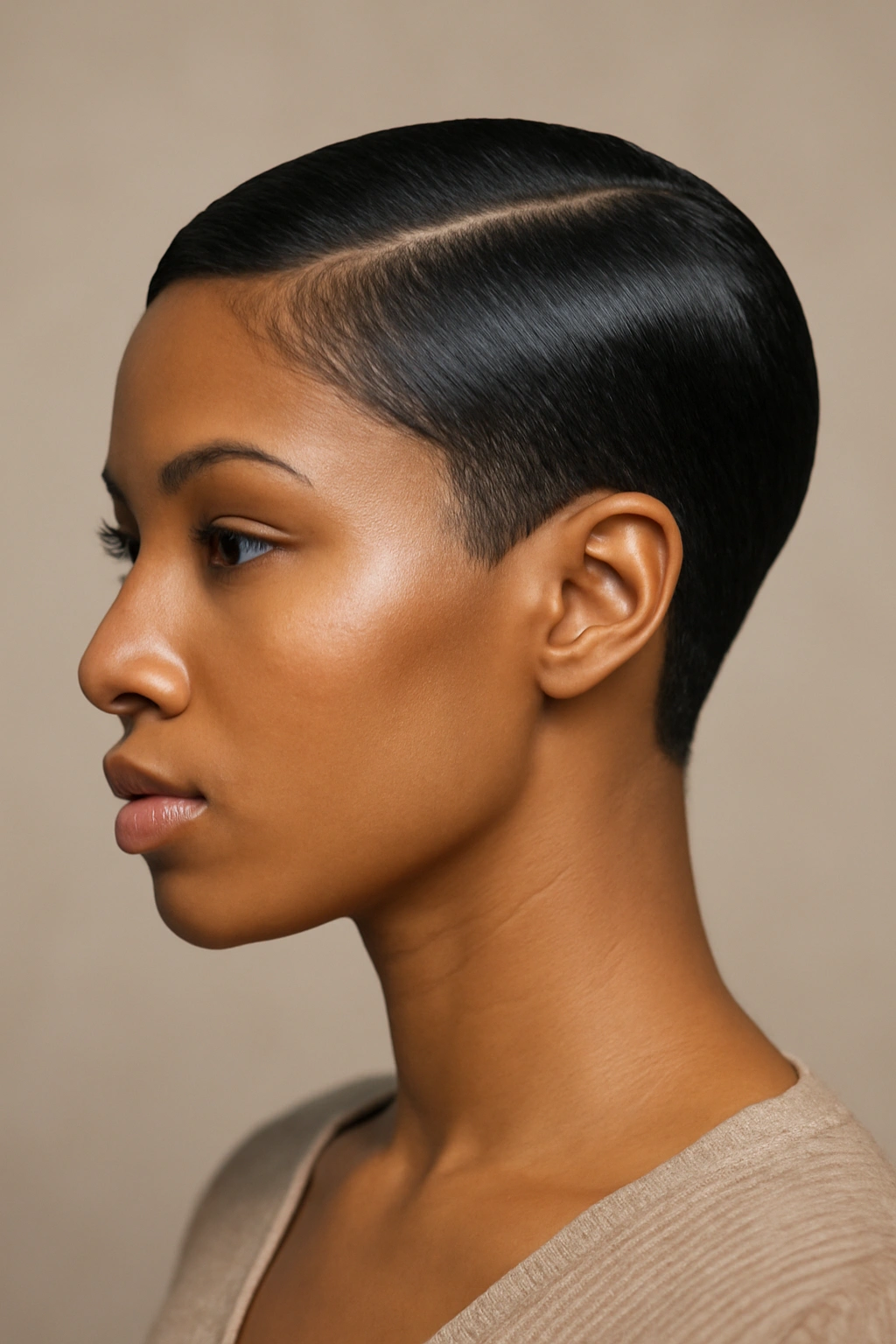 12 Short Relaxed Hairstyles Black Women Will Love 1 Close-up of a person with a sleek pixie cut, polished and tapered on the sides