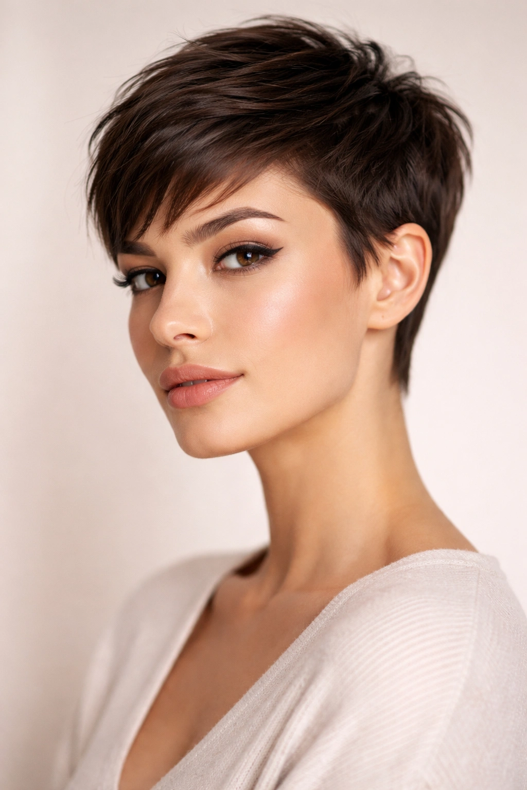 Sleek pixie cut on a model in a clean studio highlighting texture and contour.