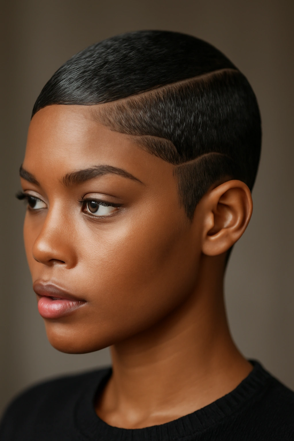 10 Short Sew In Styles Black Women Should Try Now 8 Portrait of a person with a sleek pixie cut featuring carved edge details along the sides