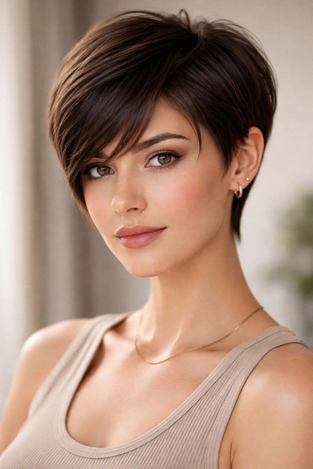 Sleek pixie with soft face-framing layers and balanced crown