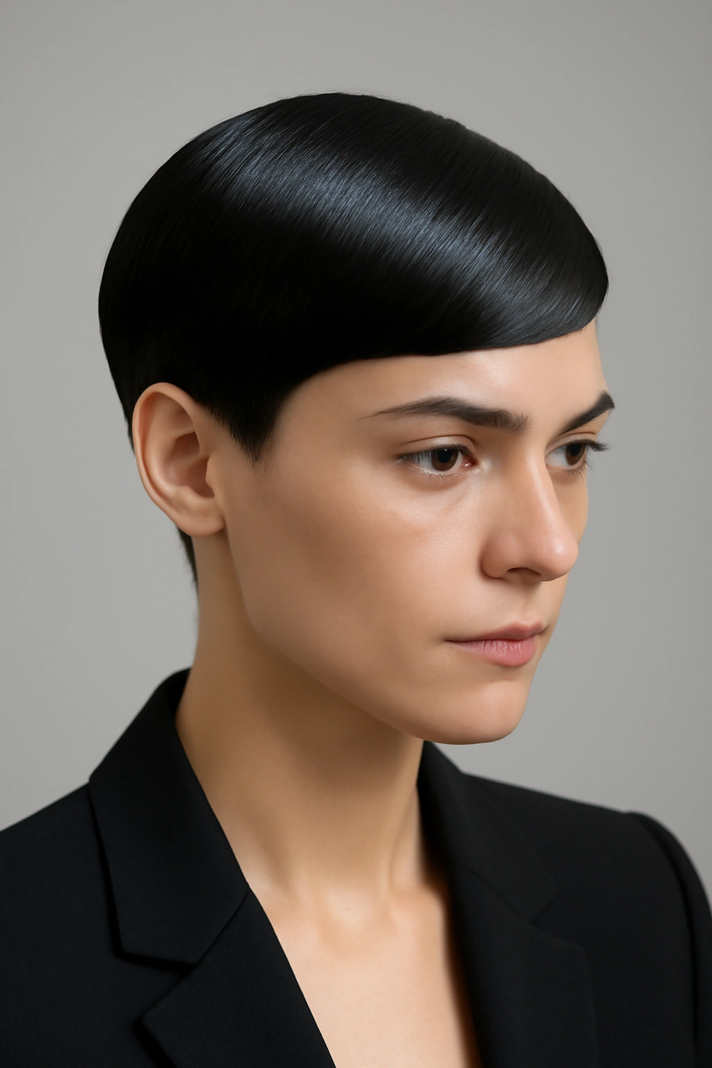 Close-up of a sleek pixie haircut with crisp lines and glossy finish