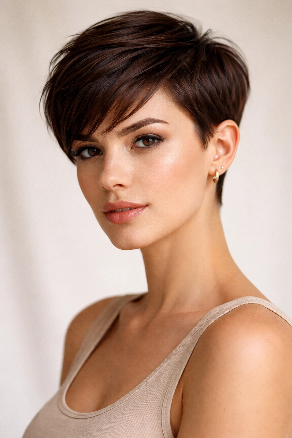 15 Low Maintenance Haircuts For Packed Schedules 7 Close-up portrait of a sleek pixie haircut with longer textured top on a neutral background