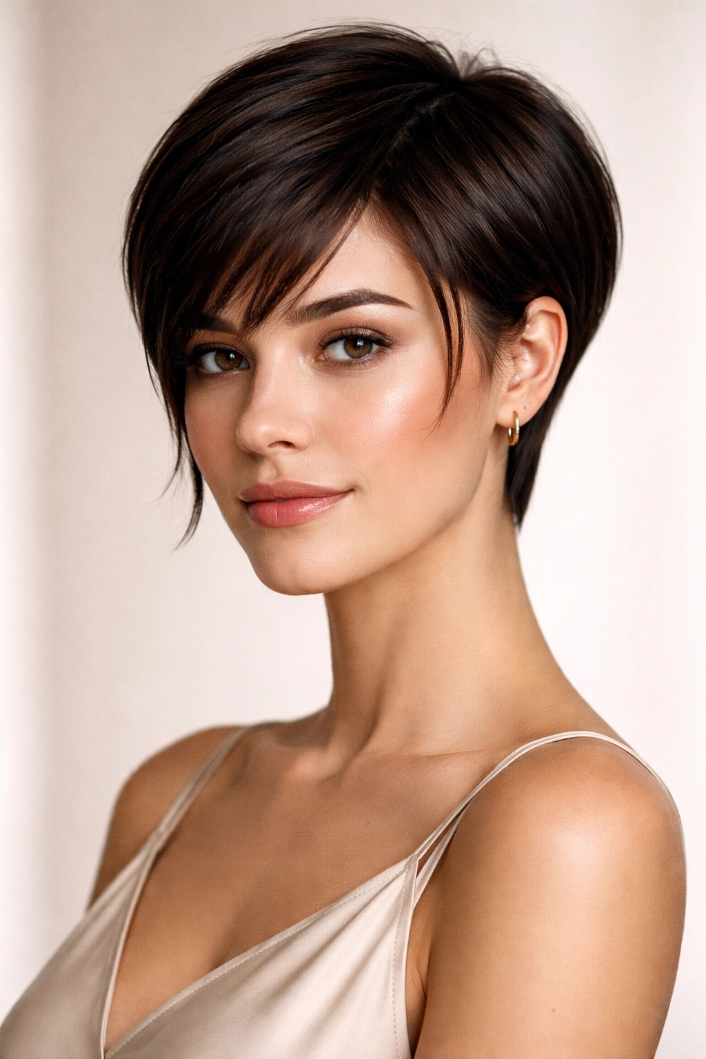 Sleek pixie with longer face-framing pieces in crisp studio lighting