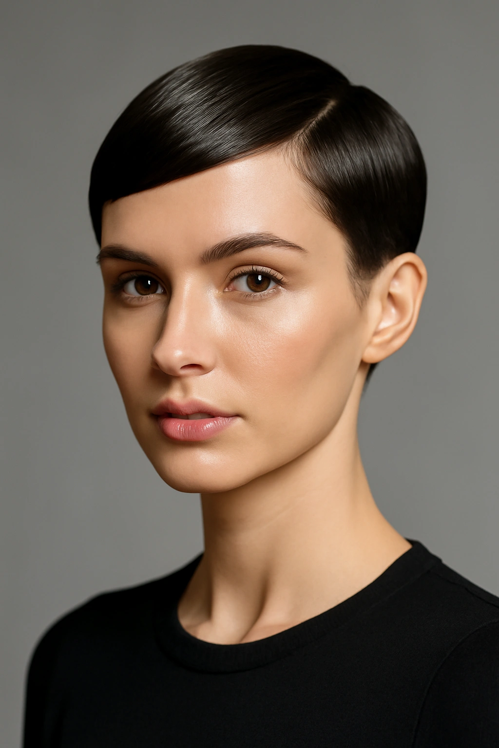 Close-up portrait of a person with a sleek pixie haircut featuring sharp, smooth lines and high shine in studio lighting