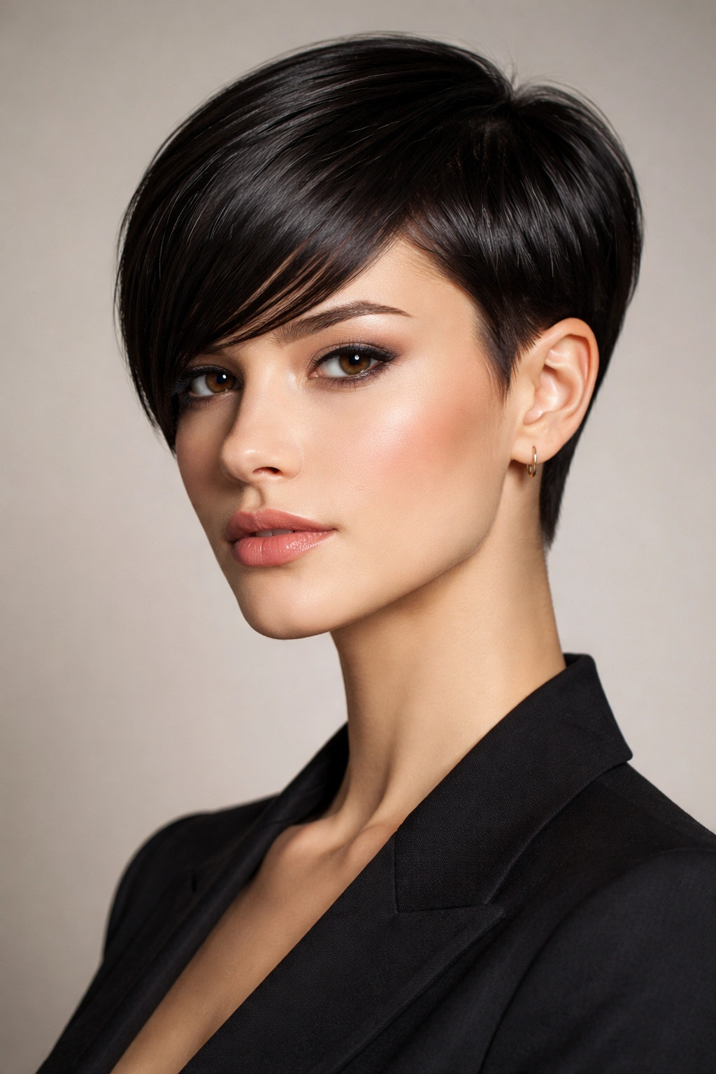 Close-up portrait of a sleek long pixie with straight, glossy hair