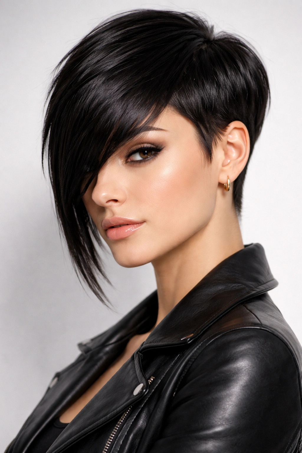 Sleek Pixie with Long Bangs showing dramatic contrast and glossy finish