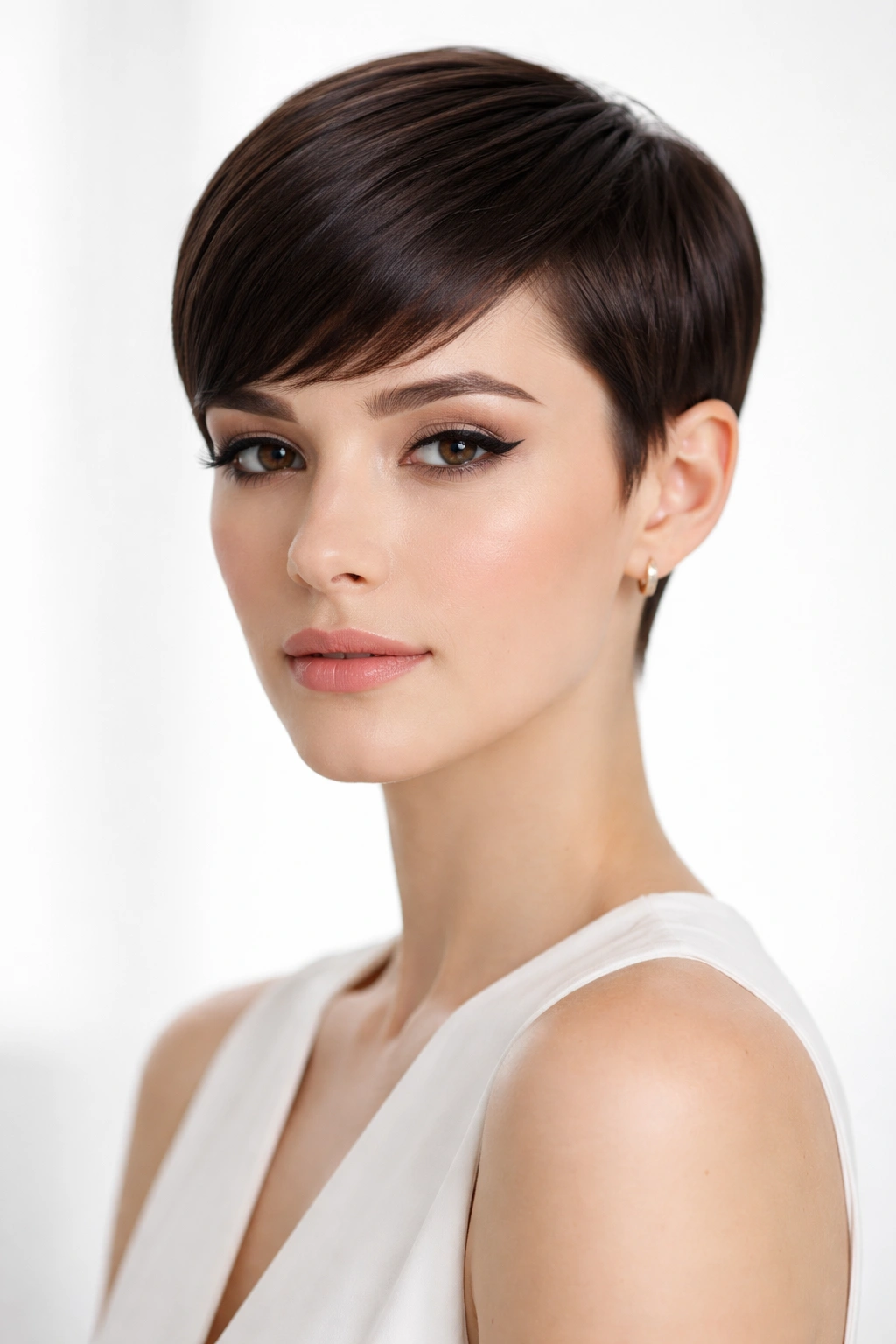 Front view of a sleek pixie with minimal texture and a polished silhouette