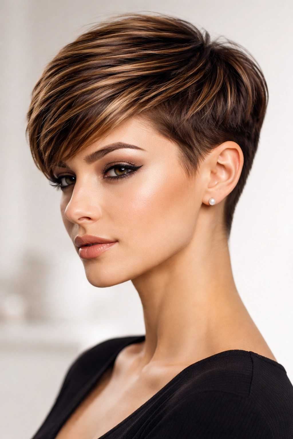 Sleek pixie hairstyle with sculpted lines and caramel highlights in studio portrait