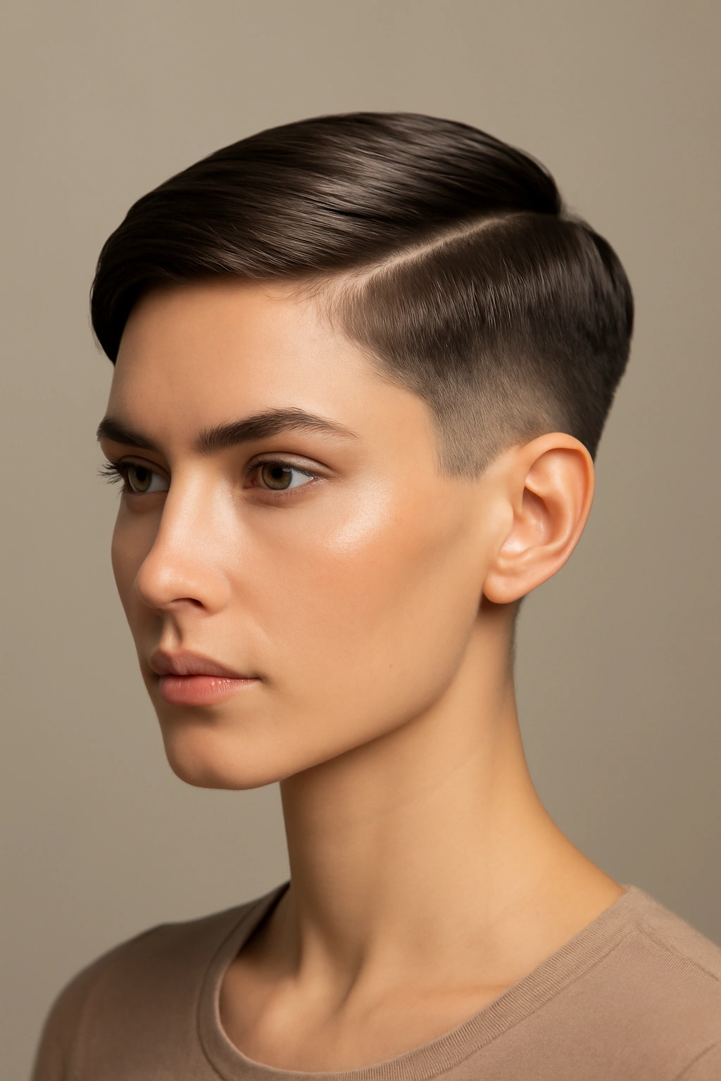 15 Short Hairstyles Any Bridesmaid Can Pull Off 2 Close-up of a sleek pixie with architectural lines and a defined top.