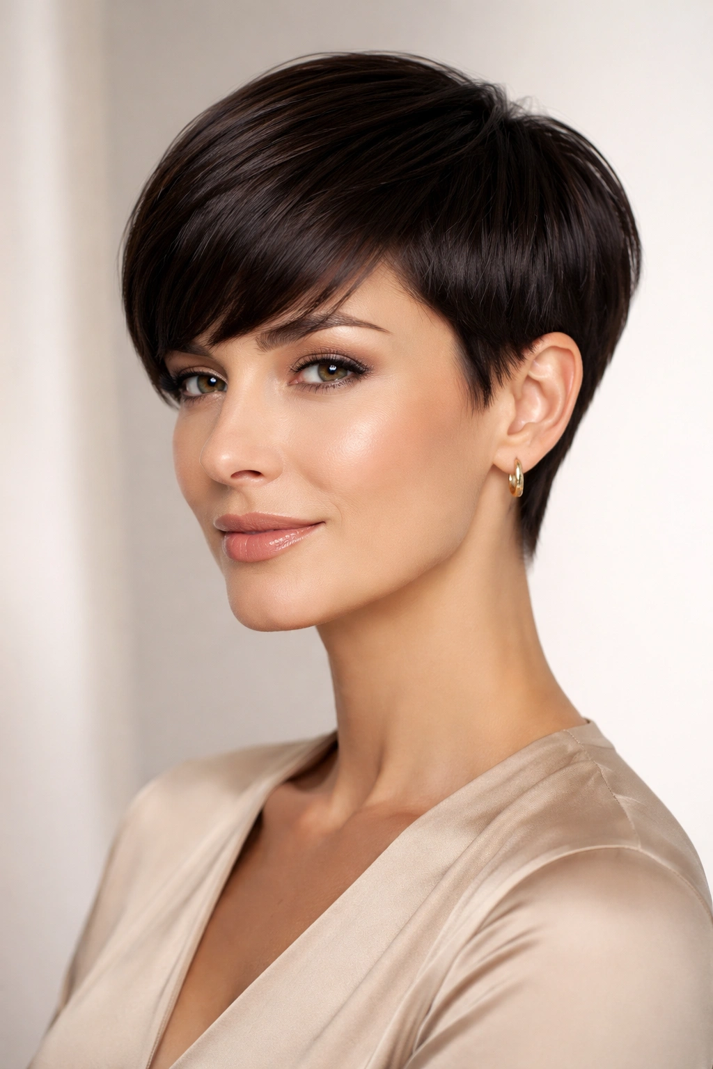 Portrait of a person with a sleek pixie and blunt lines on thick hair