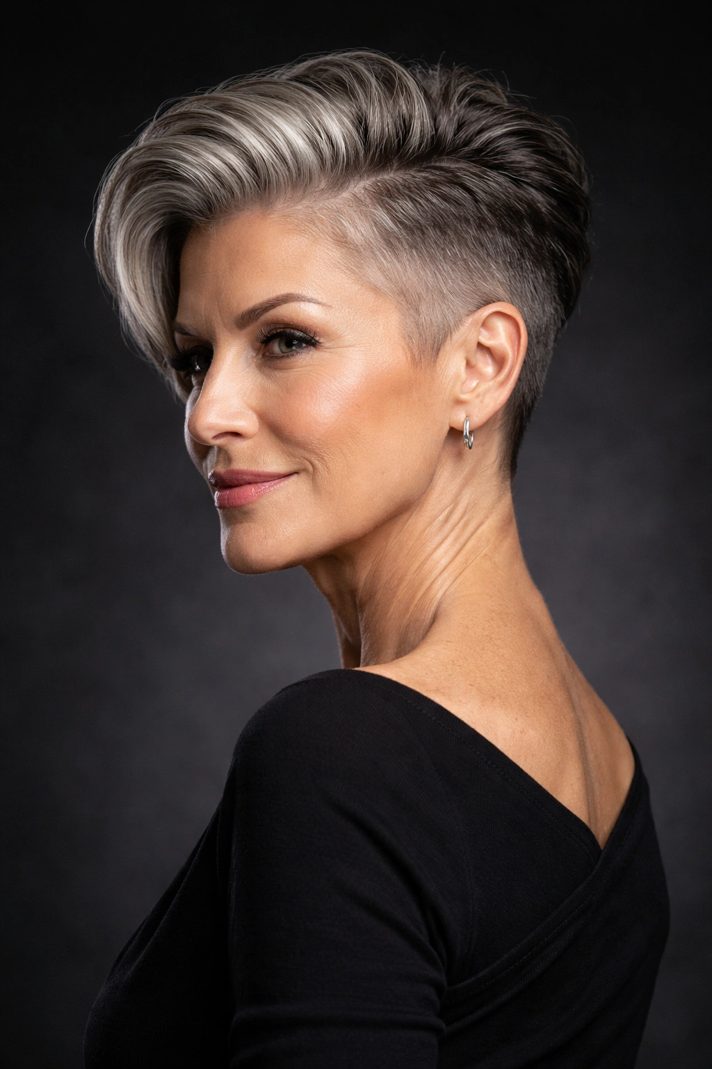 Model sporting a sleek pixie with an undercut and long top