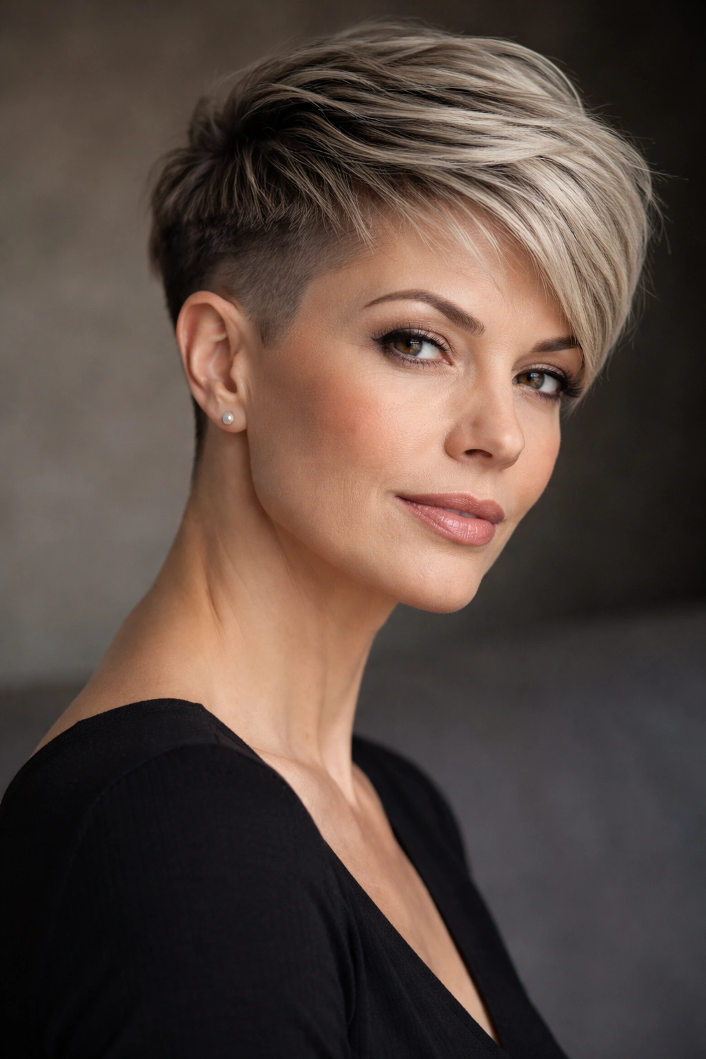 15 Pixie Hairstyles That Shine On Women Over 40 2 Woman with sleek pixie cut and sculpted undercut