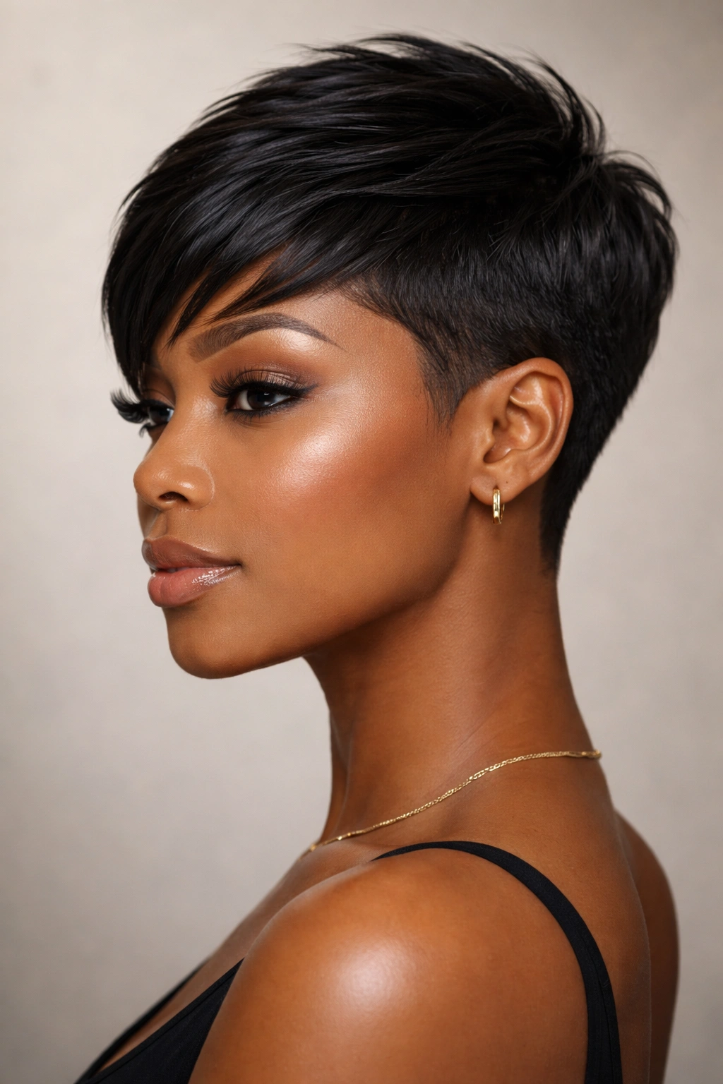 Portrait of a head with sleek pixie weave featuring very short sides and a longer top.