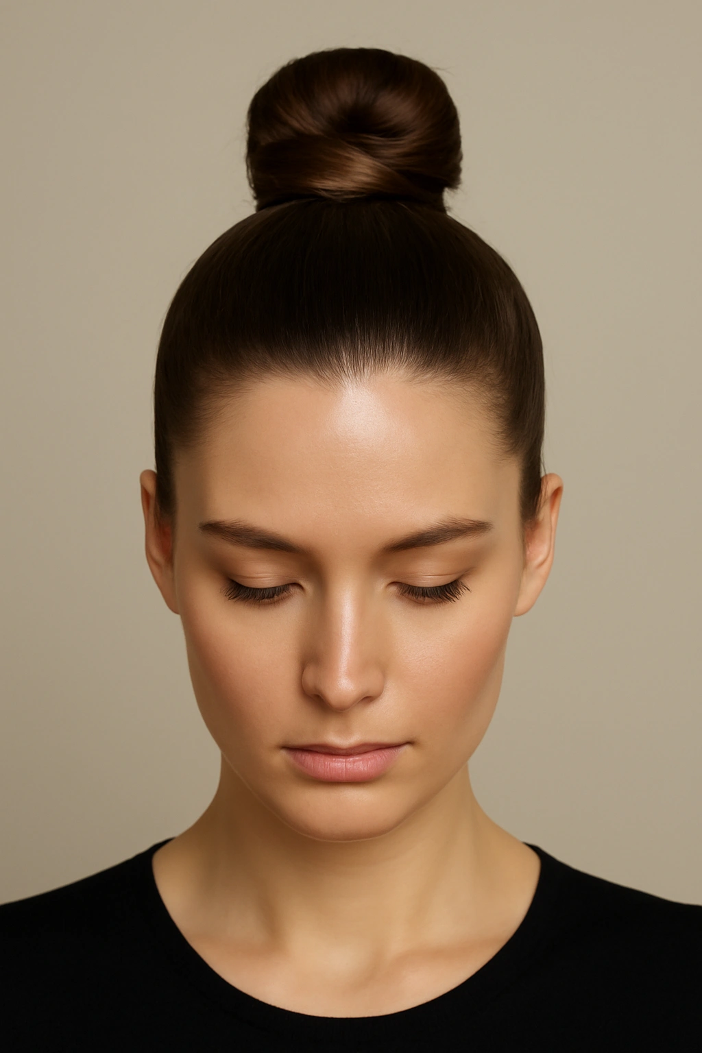 5 Easy Messy Top Knot Styles for Any Hair Length 3 Sleek polished knot with high crown and glossy finish