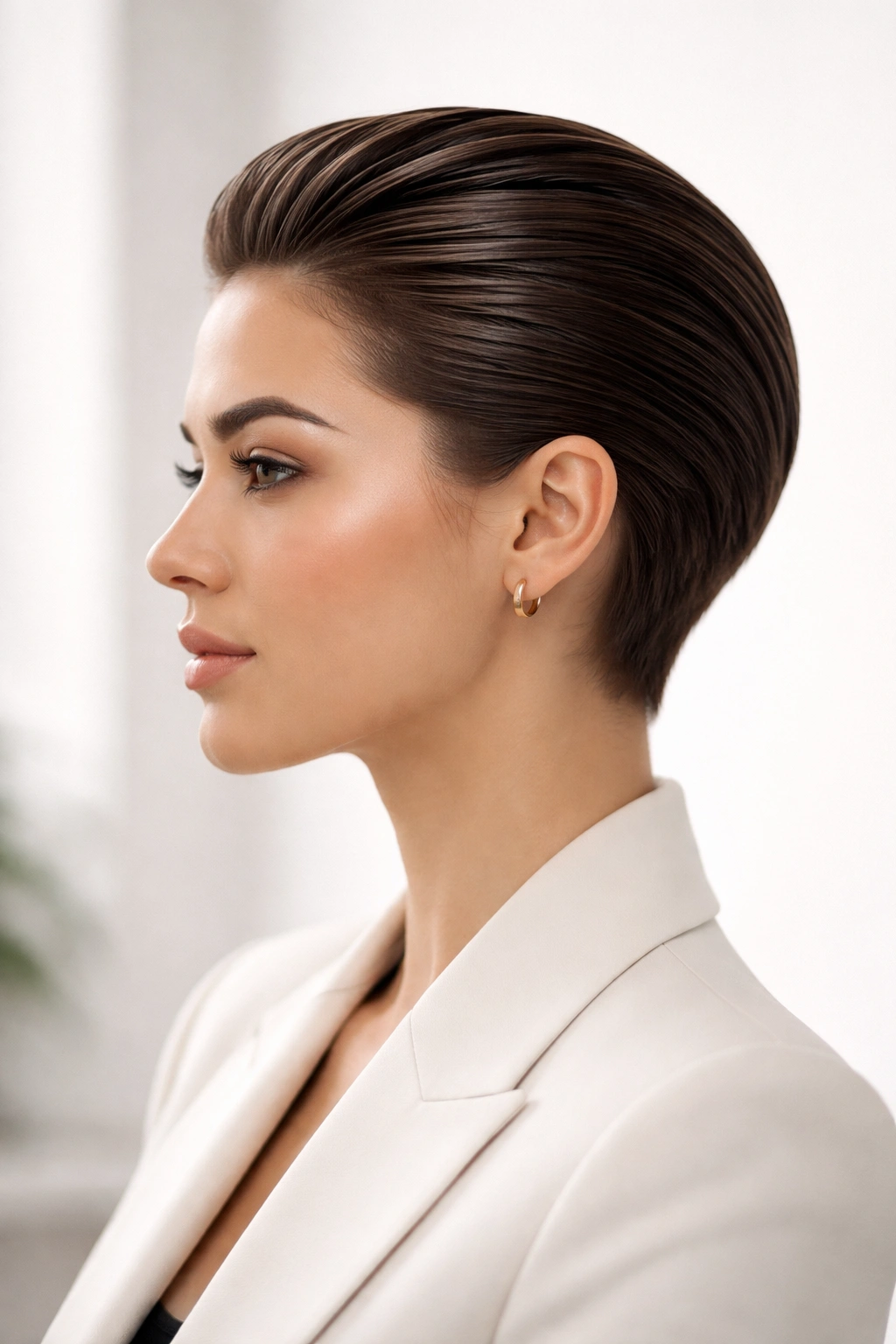 Side-profile of a sleek, polished short hair look