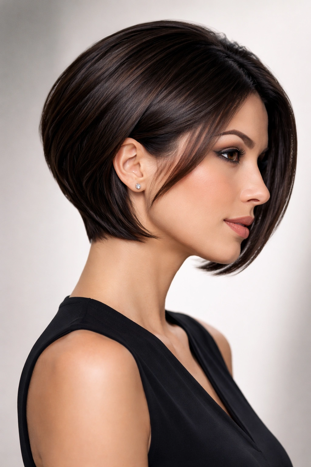 Portrait of a person with a sleek polished stacked bob showing clean lines and lifted back