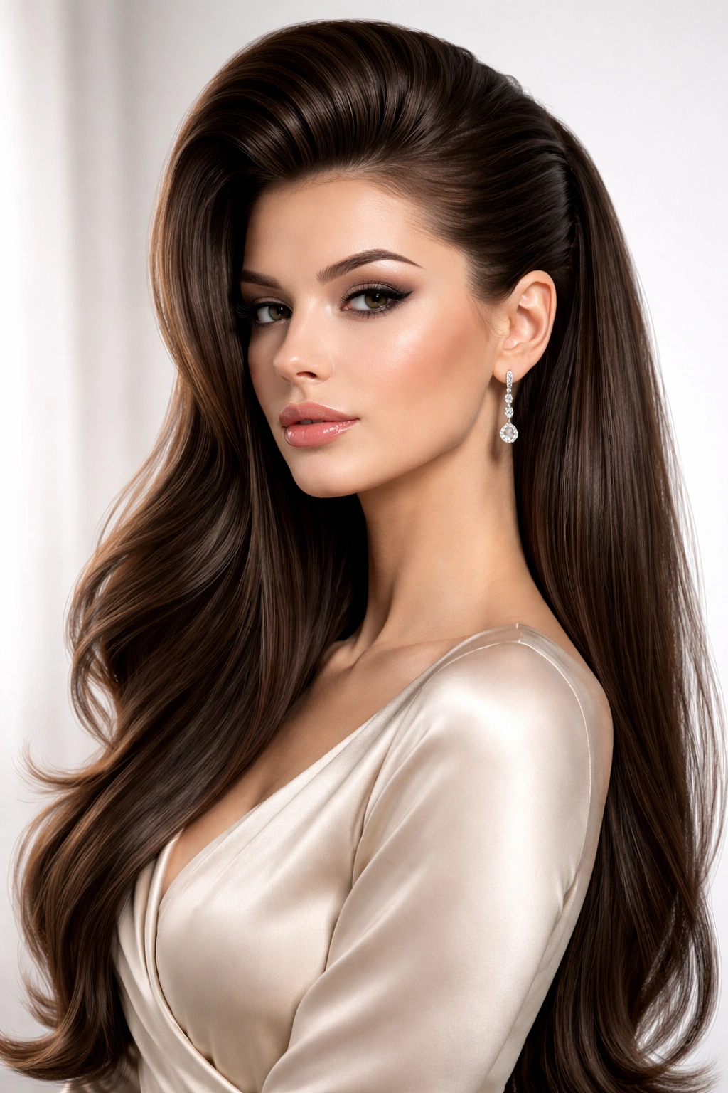 Sleek, glossy pompadour with long hair and smooth crown.