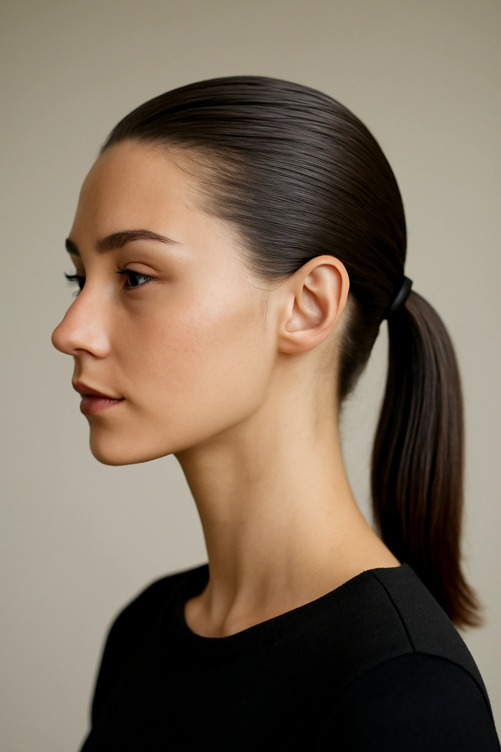 10 Short Hair Ponytail Styles That Last All Day 9 Sleek glossy slicked-back ponytail on short-haired model