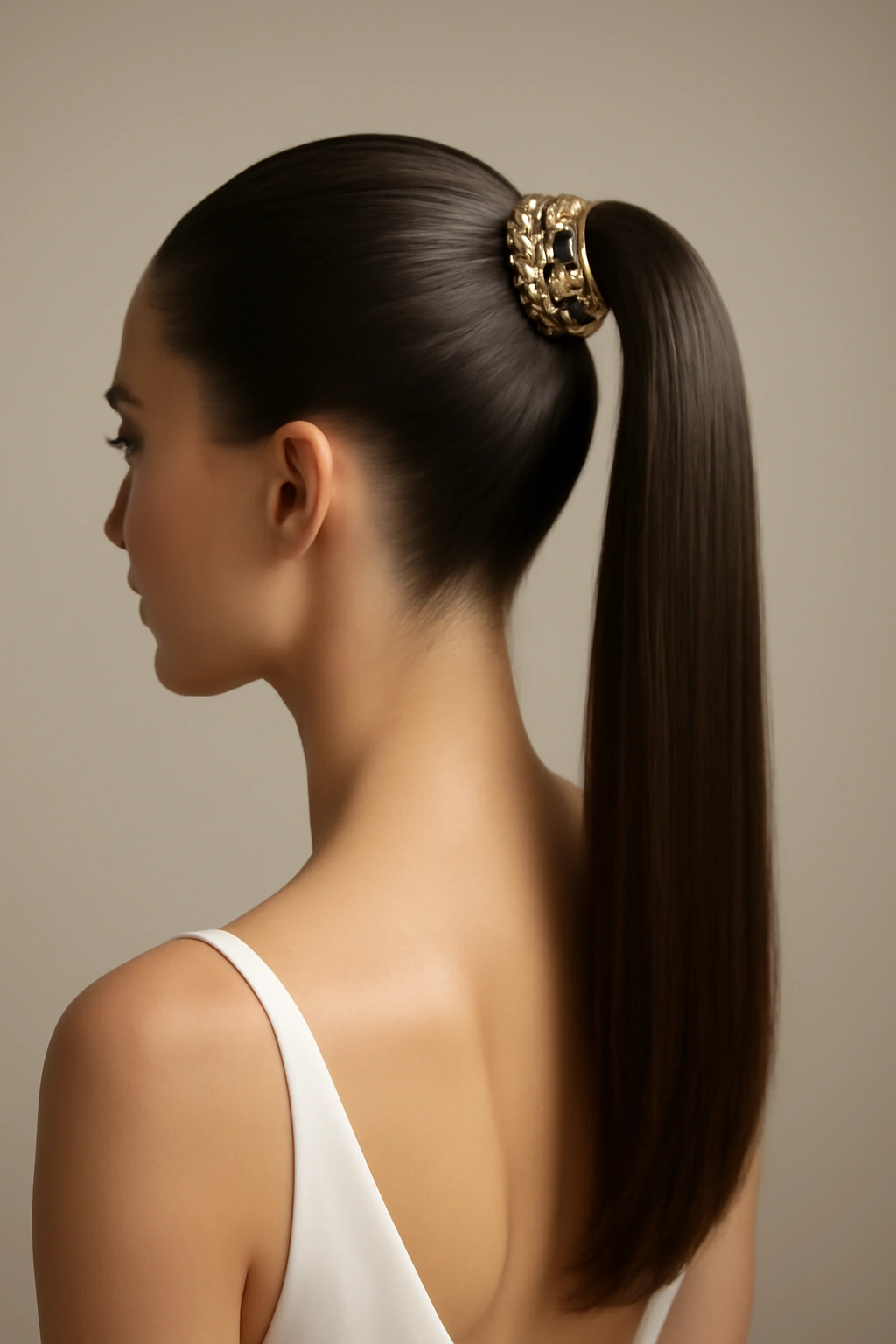 Sleek high ponytail with decorative base piece