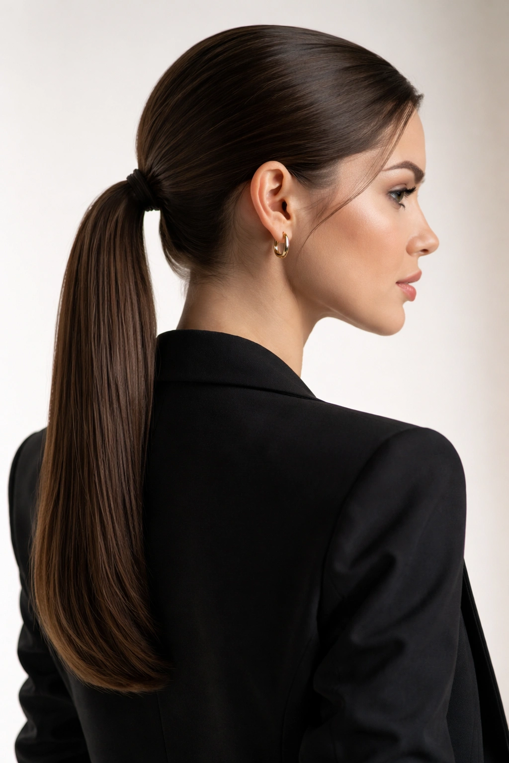 Close-up of a sleek low ponytail on blazer-ready hairstyle with smooth hair