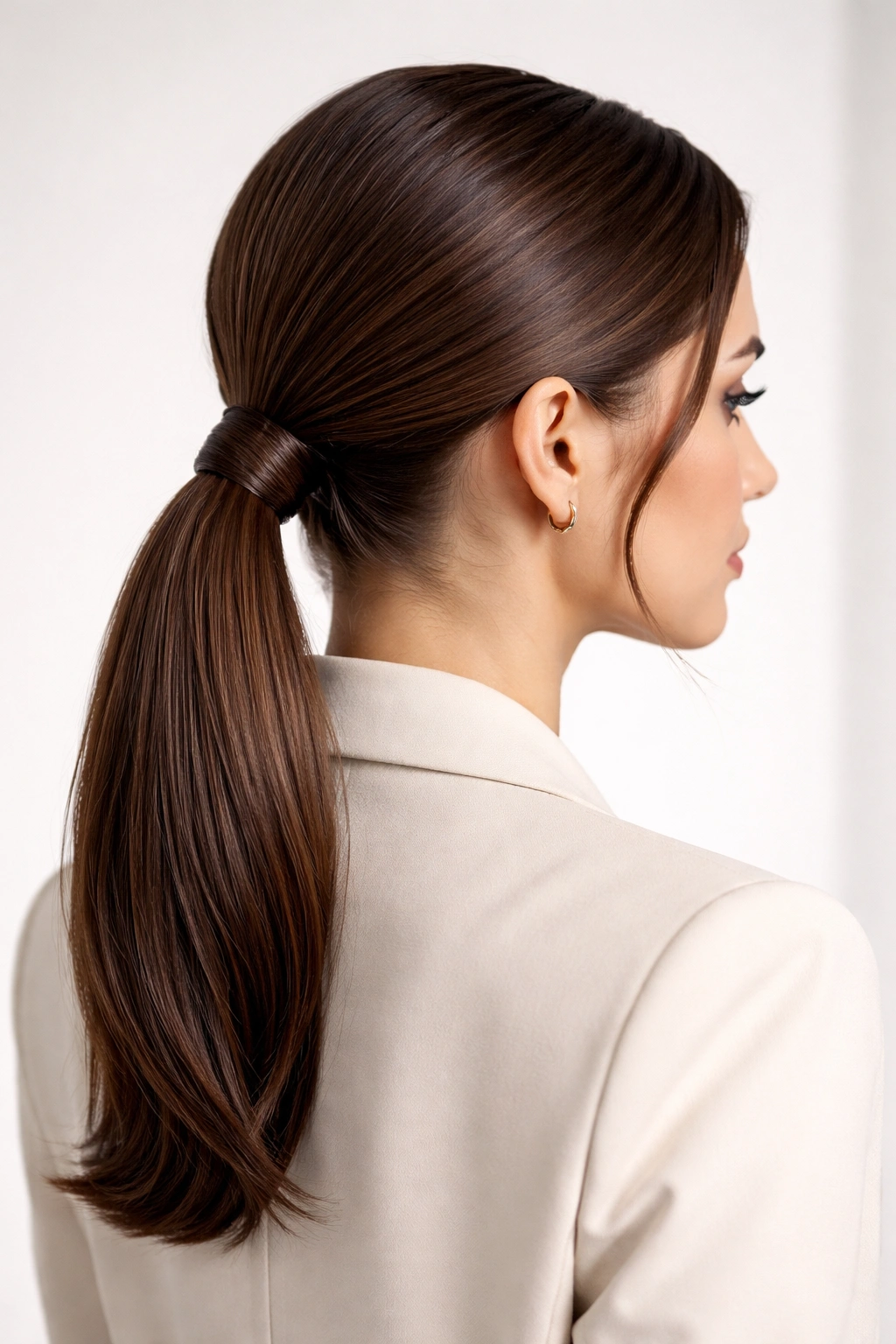 Sleek low ponytail at the nape in a studio portrait